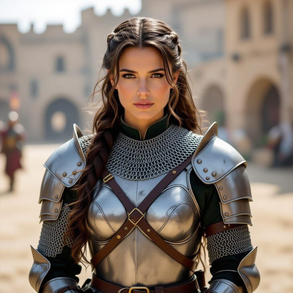Female Warrior in Worn Plate Armor Fantasy Art
