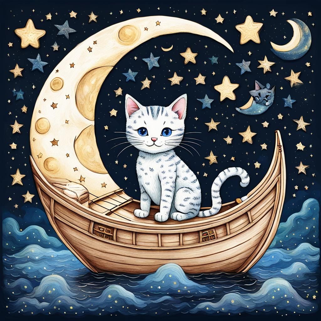 Dreamy Moon Boat Sailing Through Starry Sky