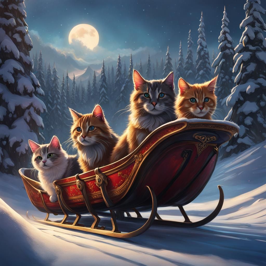 Cats Pulling Sled: Detailed Fantasy Concept Art