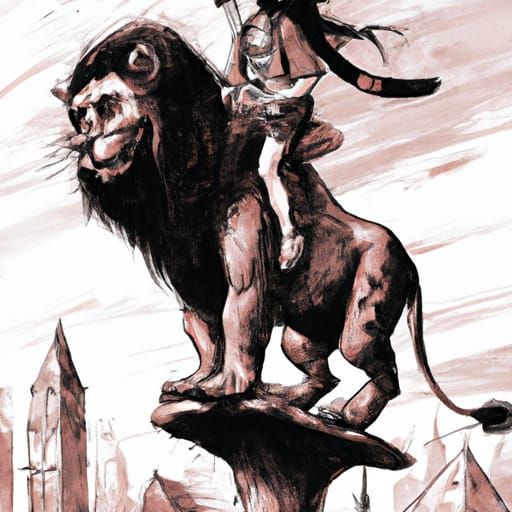 Girl on Lion with Black Flag, Cartoonish Realism
