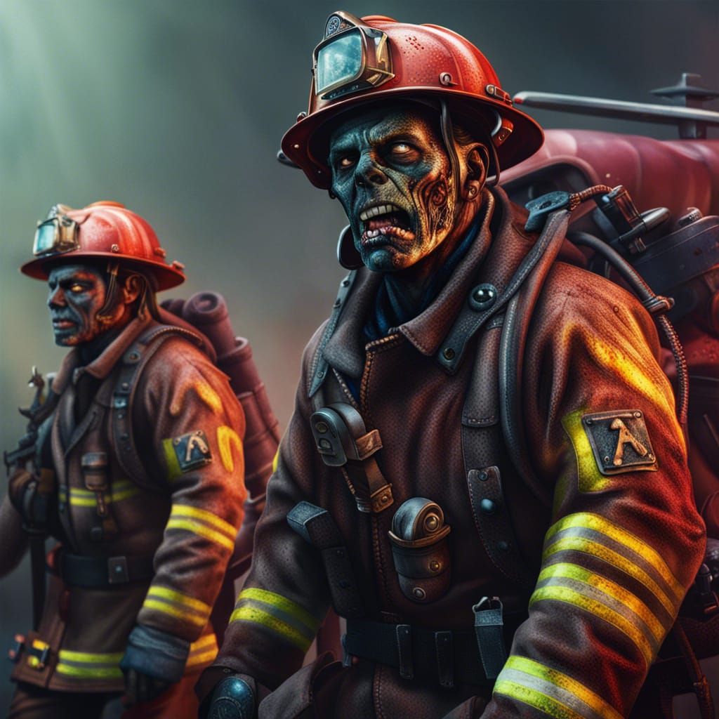 Hyperrealistic Zombie Firefighters in Splash Art Style