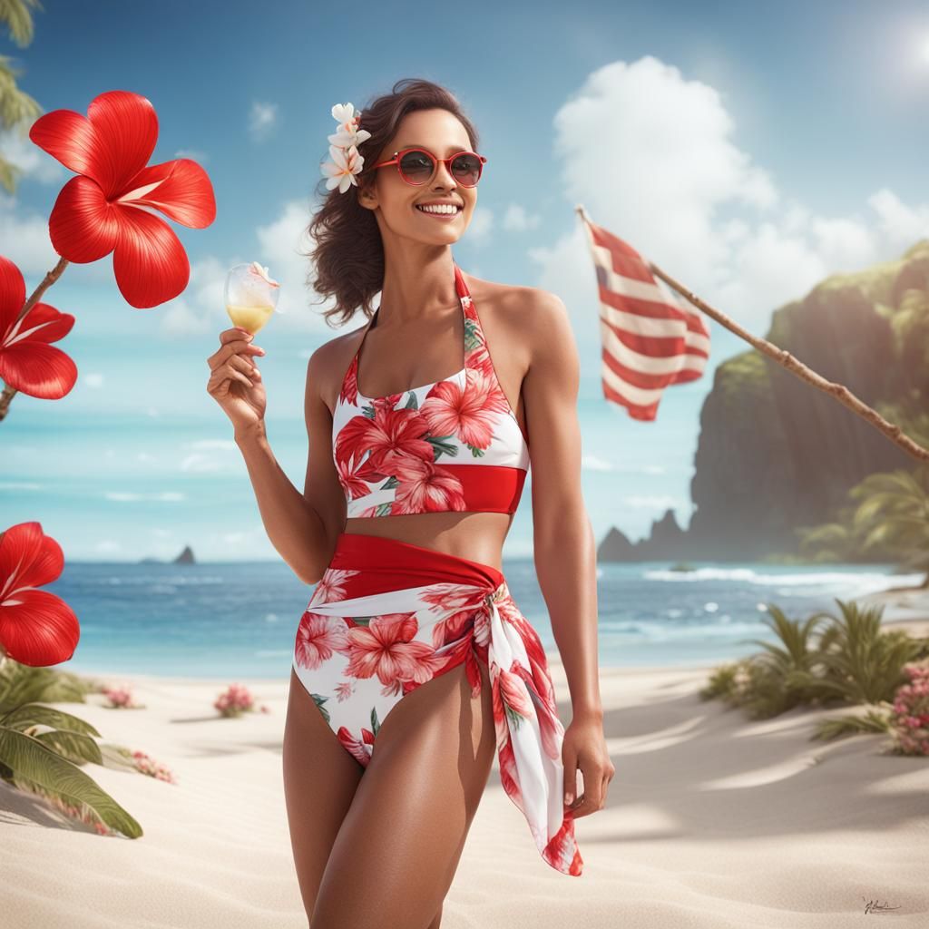 Woman in Red Swimsuit with Hawaiian Pareo, Hyperrealistic