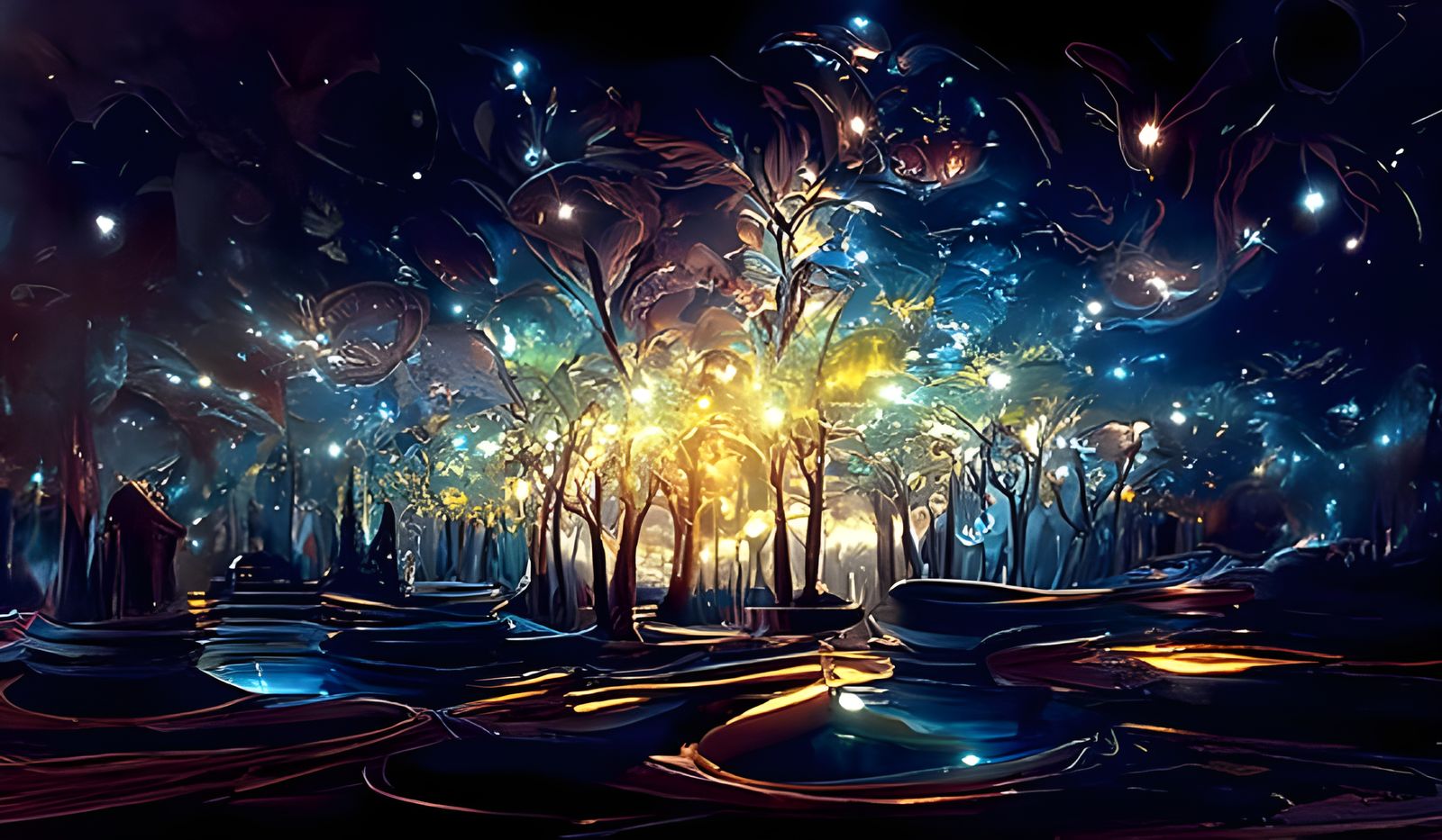 Luminous Magical Pathway with Flowers: Digital Art