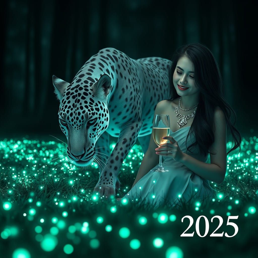 Enchanting Forest Night Scene with Serene Woman and Jaguar