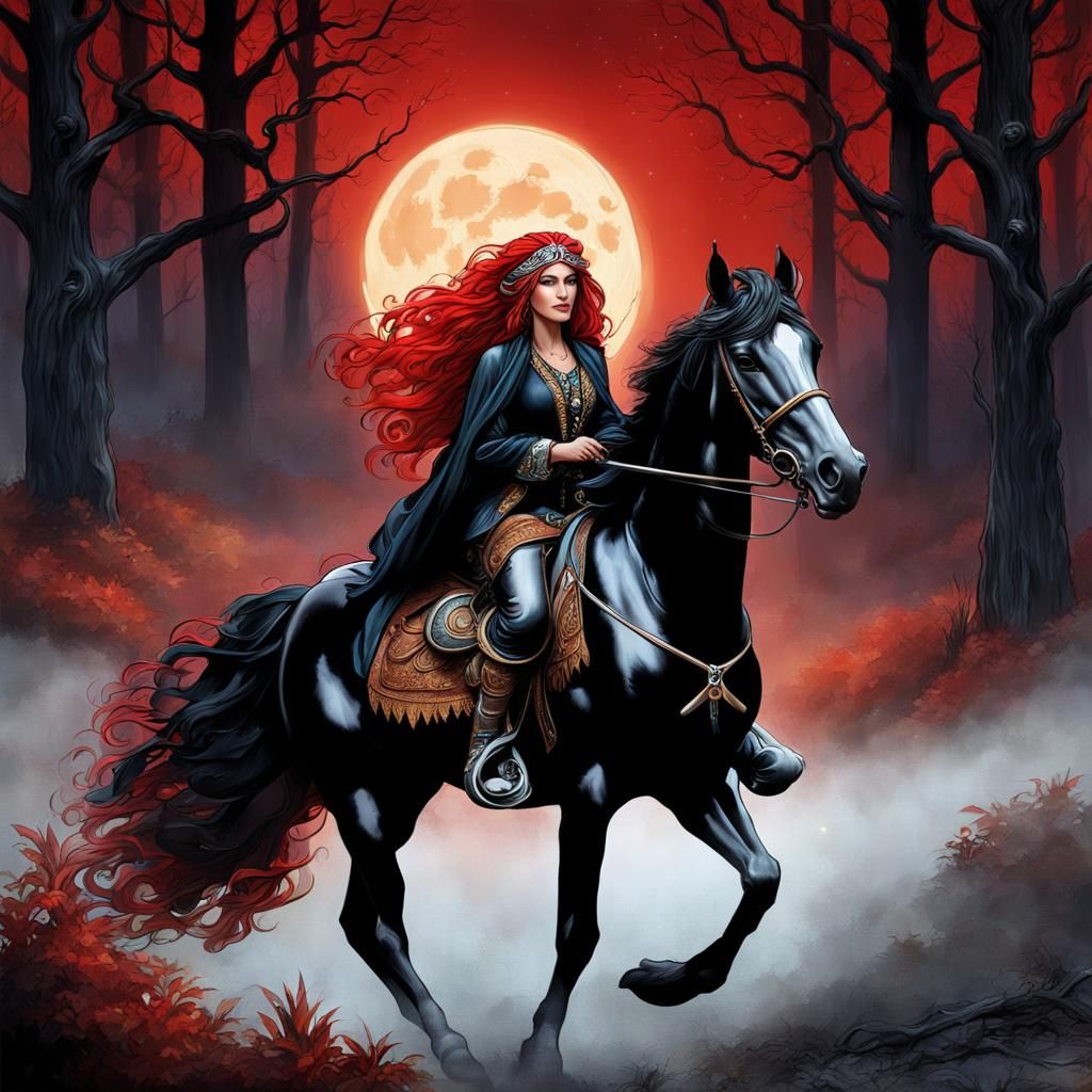 Gypsy Woman on Horseback Under Moonlight