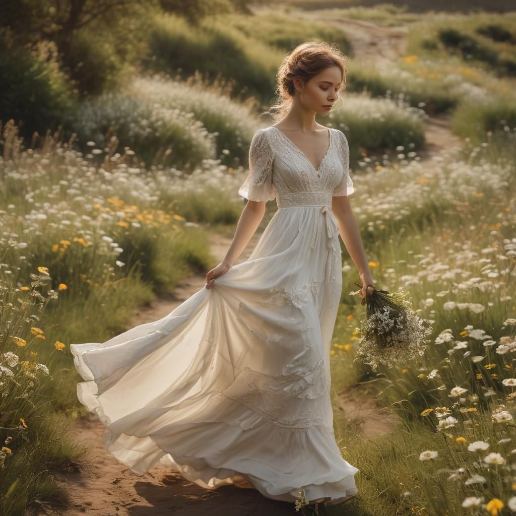 Woman in Meadow: Photorealistic Portrait in Rembrandt Lighti...