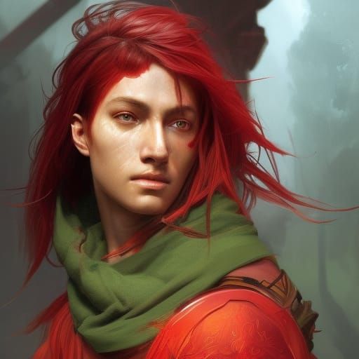 Redhead Ninja Warrior at Sunrise, Detailed Portrait