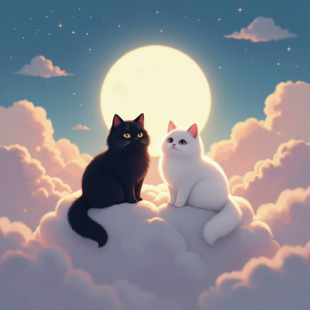 Black and White Cats on Cloud in Whimsical Digital Art Style