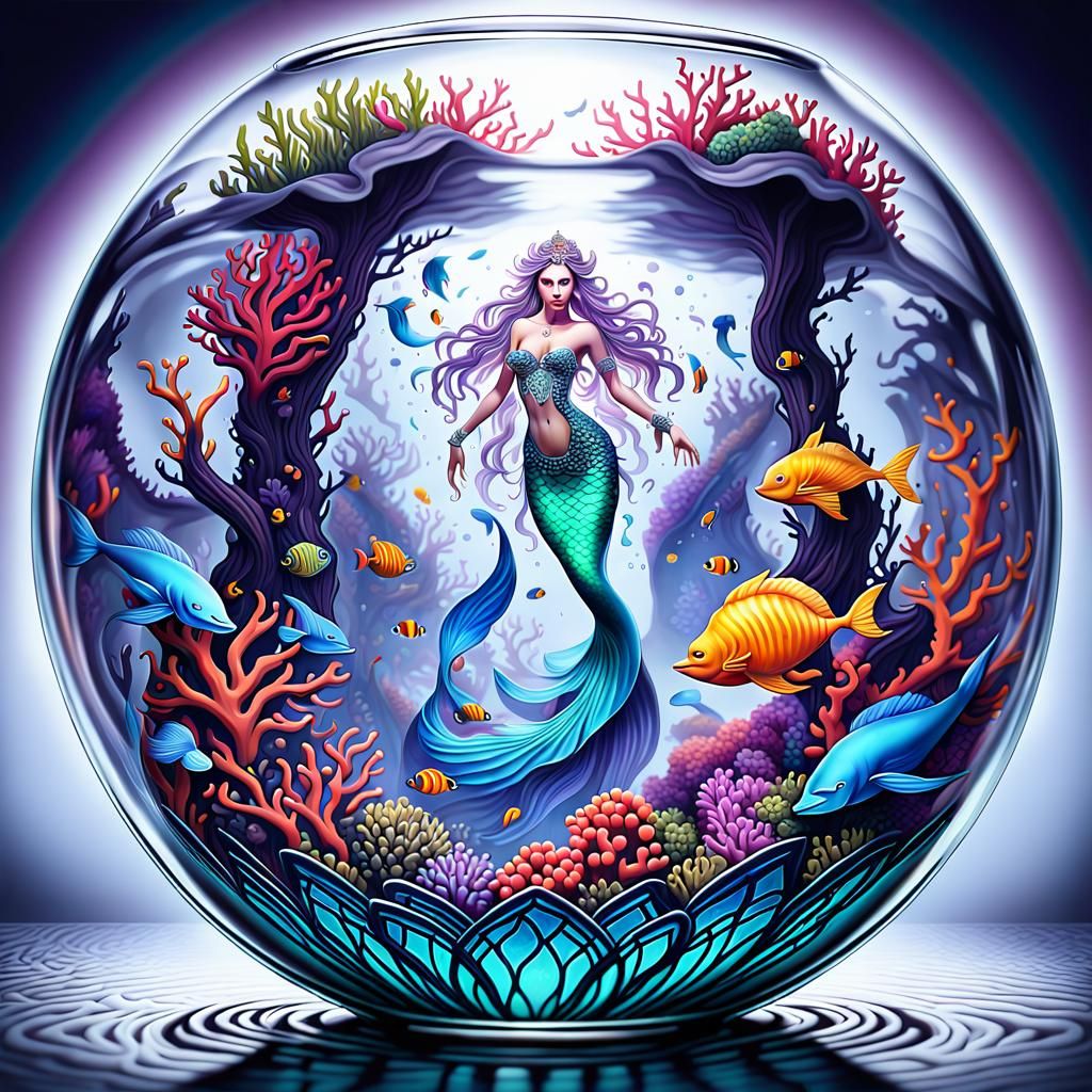 Mermaid in Coral Reefs Glass Bowl: Photorealistic Art