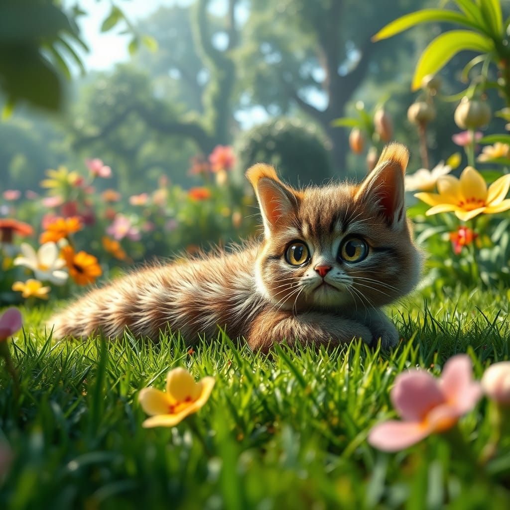 Hyperrealistic Fuzzy Cat-Caterpillar in Vibrant Botanical Ga...