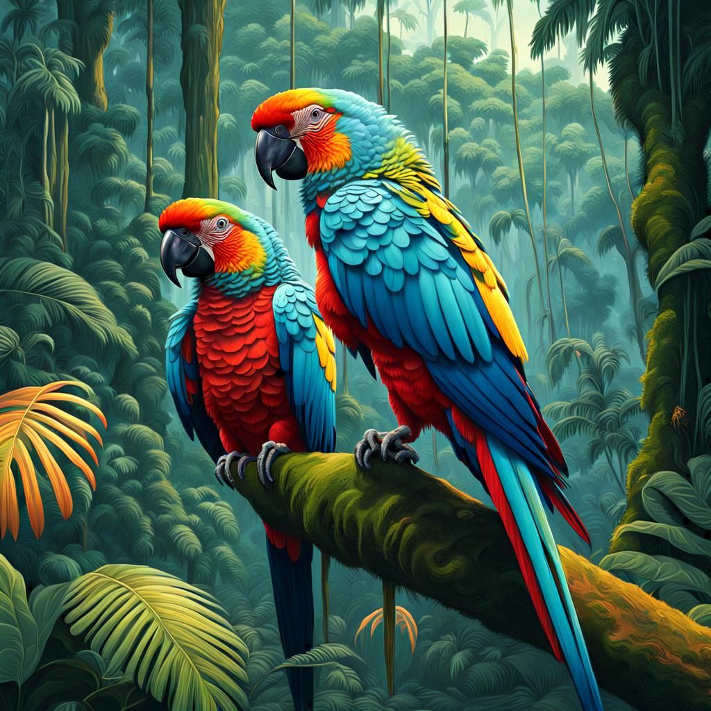 Surreal Parrots Amidst Amazonian Splendor in Futuristic Styl...