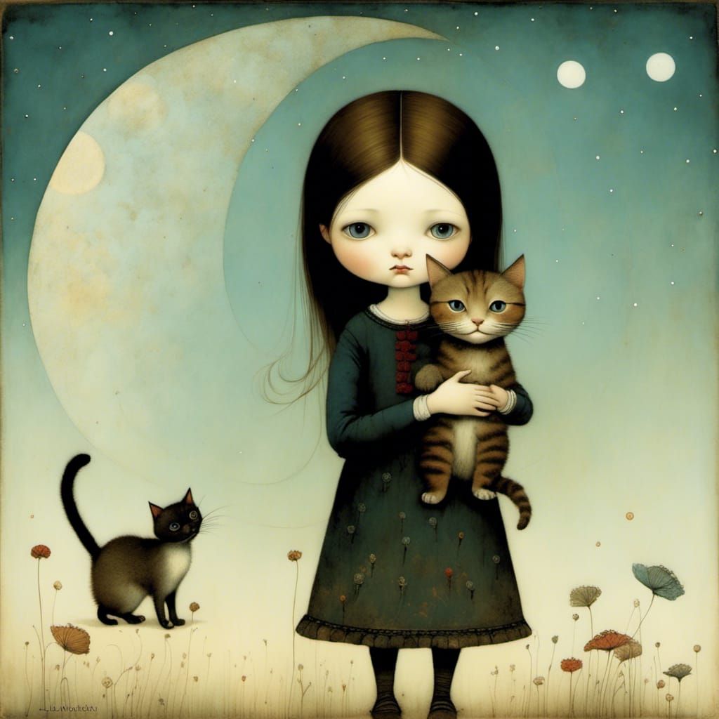 Cute Girl with Cat in Whimsical Style