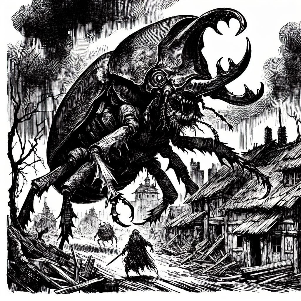 Monstrous Beetle Zombie Attacks Village: Copperplate Engravi...