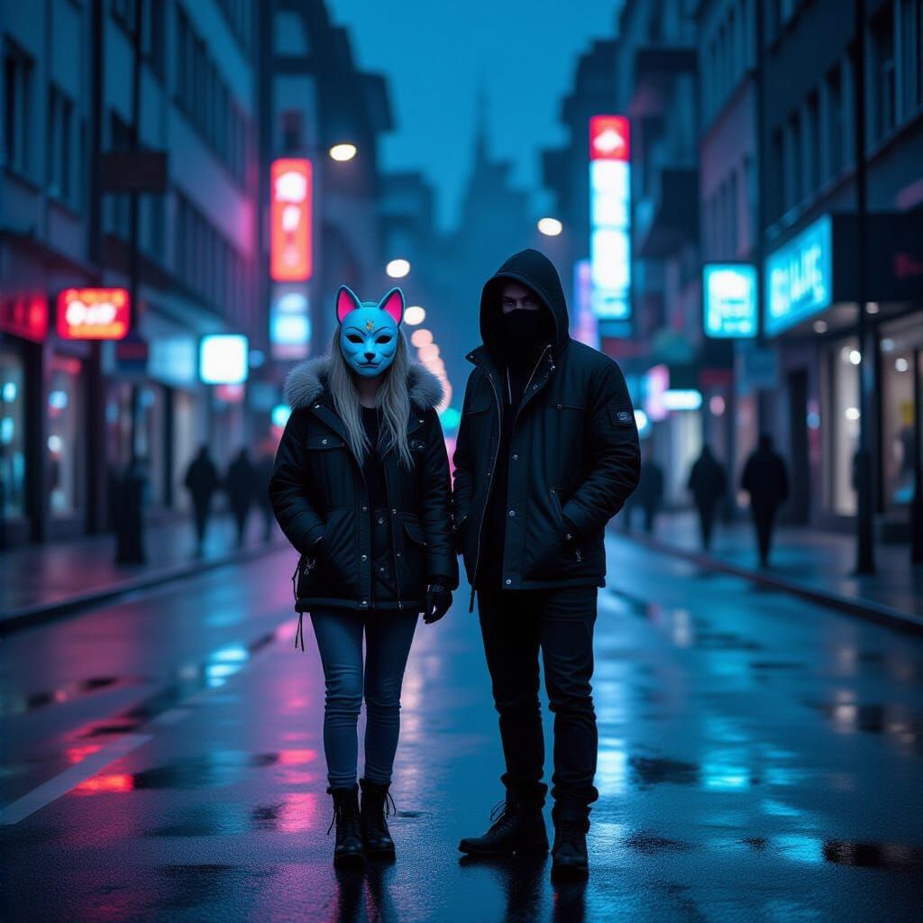 Elena and Luca in Abandoned Street with Neon Reflection