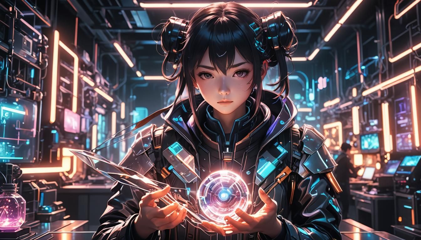 Futuristic Anime Art: Glowing Artifact in Neon Lab