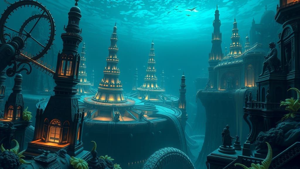 Submerged Biomechanical Atlantis City with Bioluminescent Li...