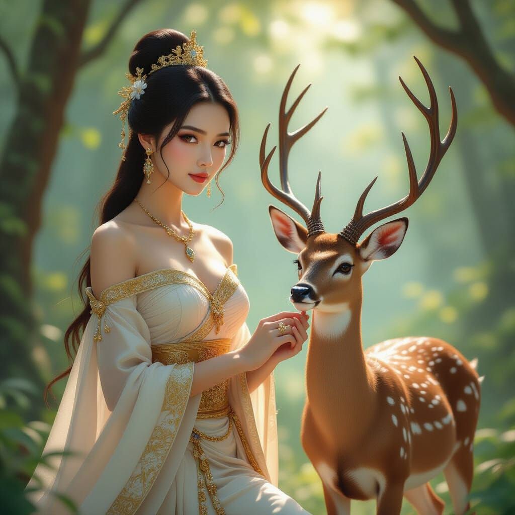 Thai Maiden and Deer in Magical Forest