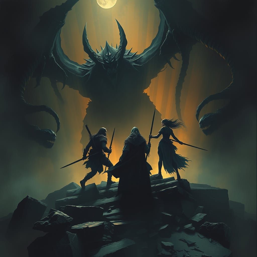 Dark Fantasy Battle in Giger-Inspired Landscape