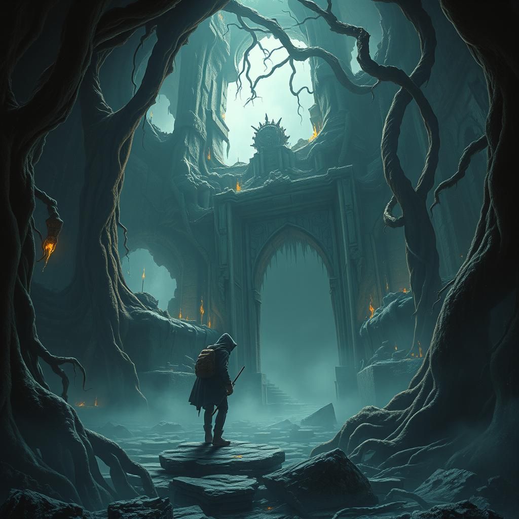 Adventurer Delves into Ancient Ruins in Dark Surrealism