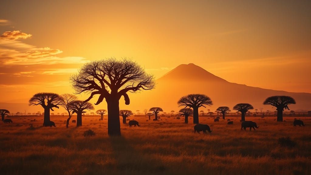 Summertime African Savanna with Baobab Trees and Kilimanjaro