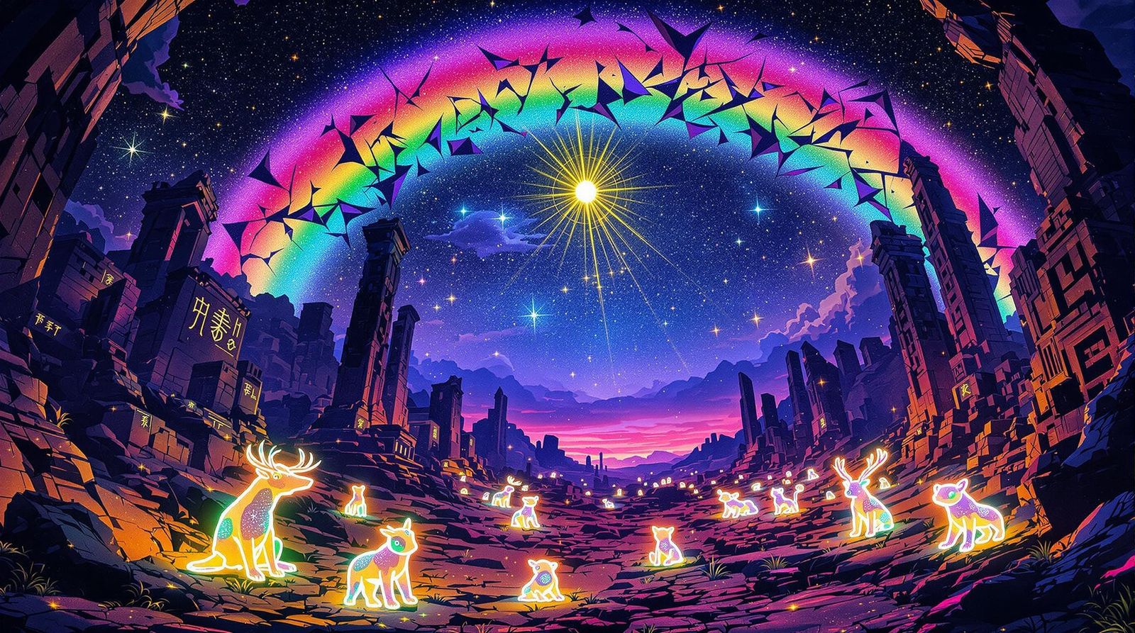 Rainbow Apocalypse: Vibrant Bioluminescent Wastes