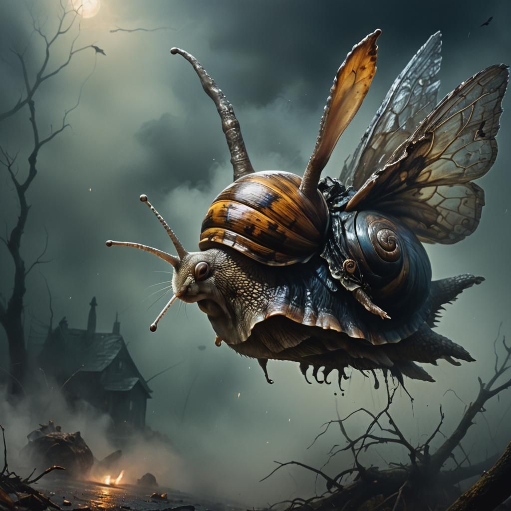 Flying Rabbit-Snail in Dark Fantasy Style