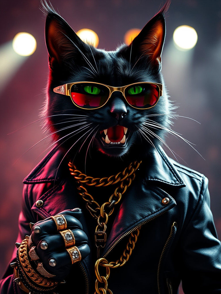 Rock Star Cat in Leather Jacket, Digital Art