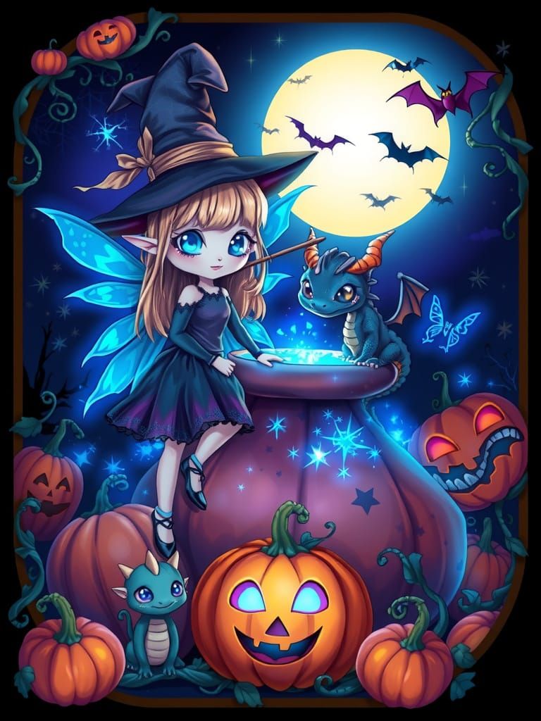 Spooky-Cute Halloween Fairy and Chibi Dragon by Moonlight