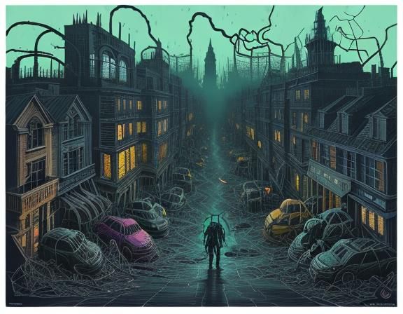 Demonic Cat and Hellhound in Post-Apocalyptic Street