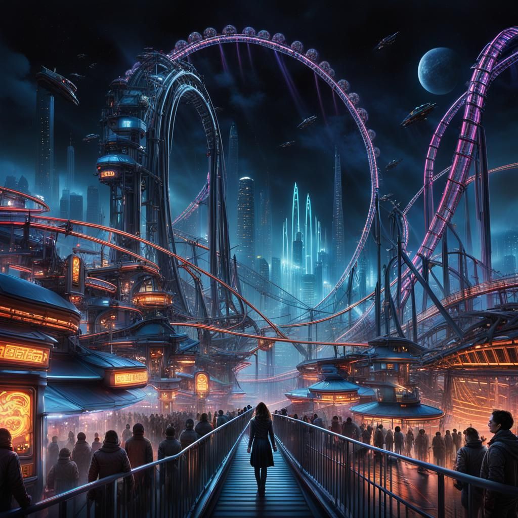 Futuristic Metropolis: Roller Coaster Thrill Ride at Night