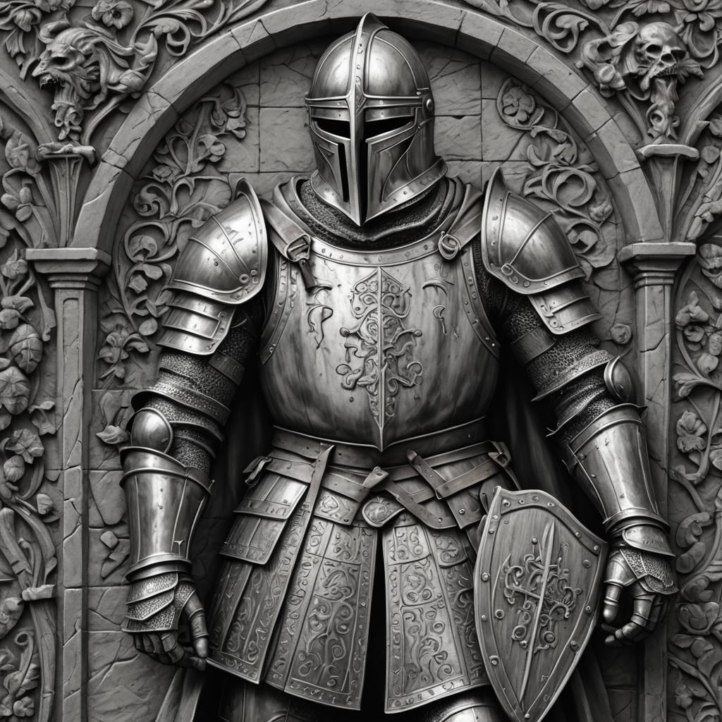 Medieval Knight in 3D Bas-Relief, Greyscale Charcoal Style