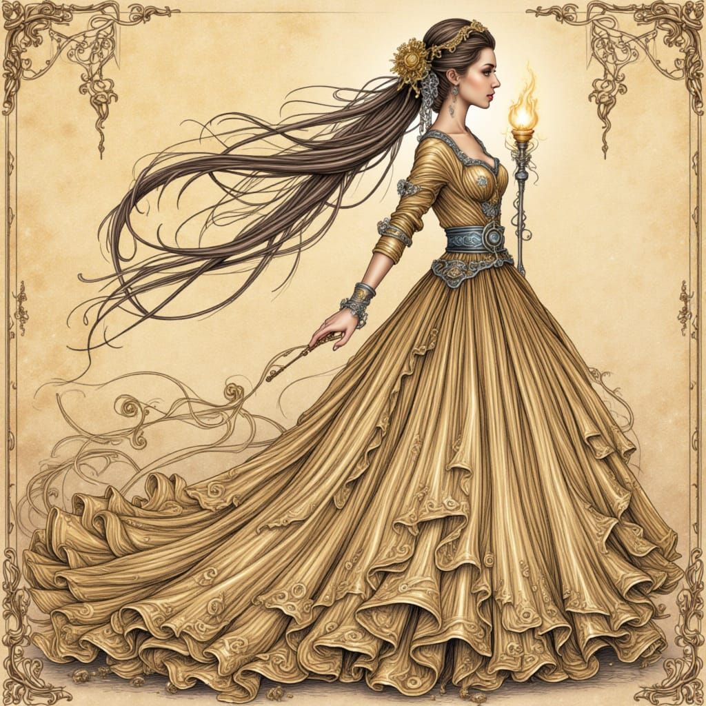 Ethereal Alchemie Wizardess in Rococo-Inspired Golden Gown