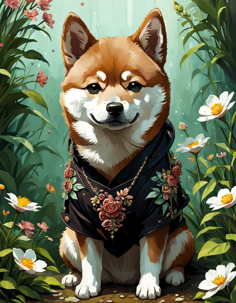 Whimsical Shiba Inu in Floral Wonderland