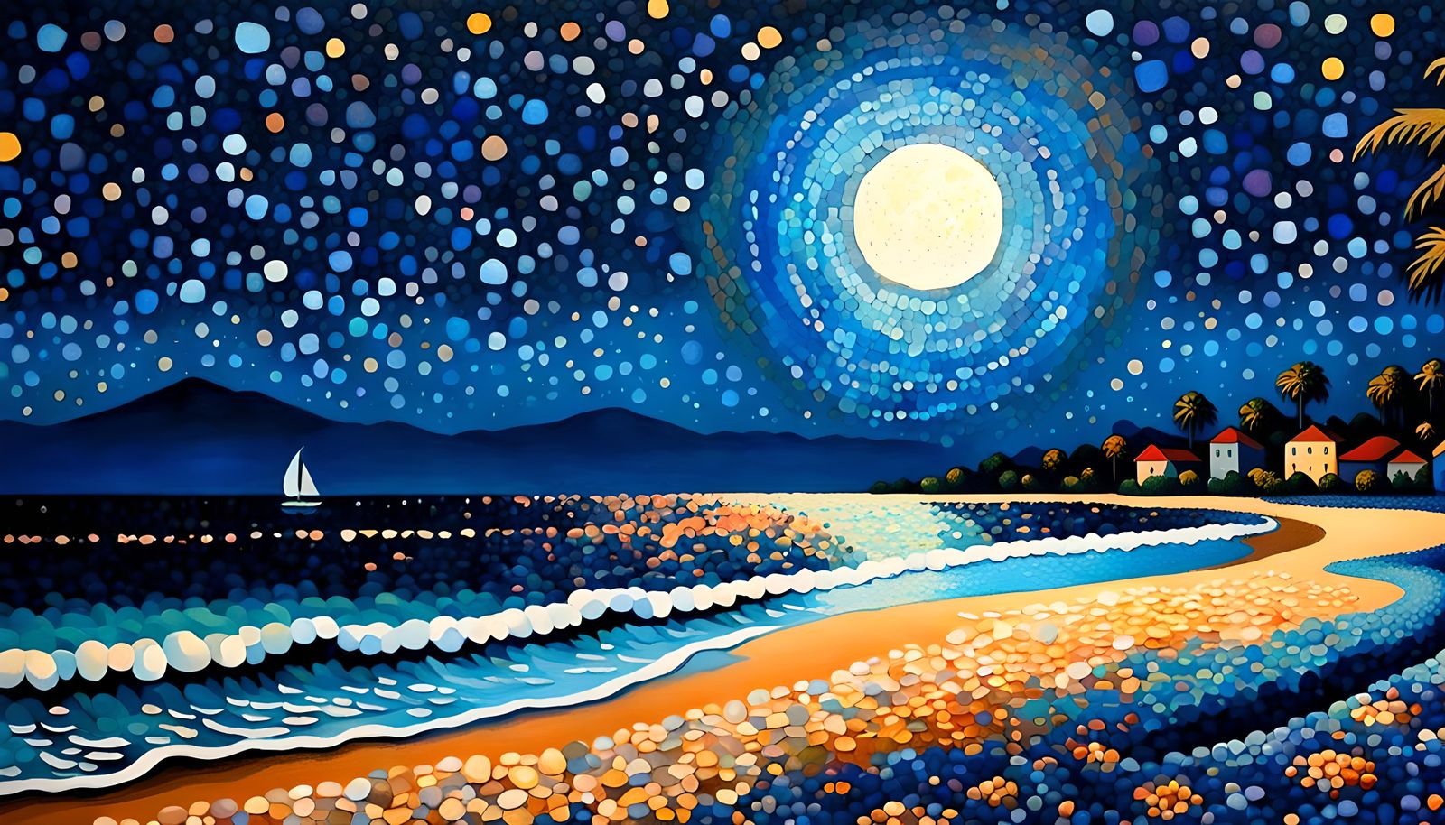 Night Beach in Pointillism Impasto Style