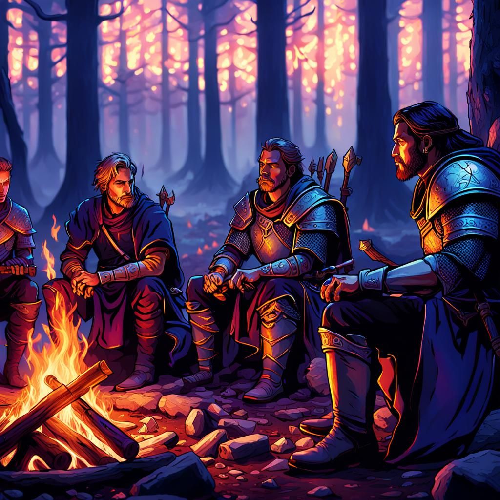 Fantasy Adventurers Relaxing in Mystical Forest