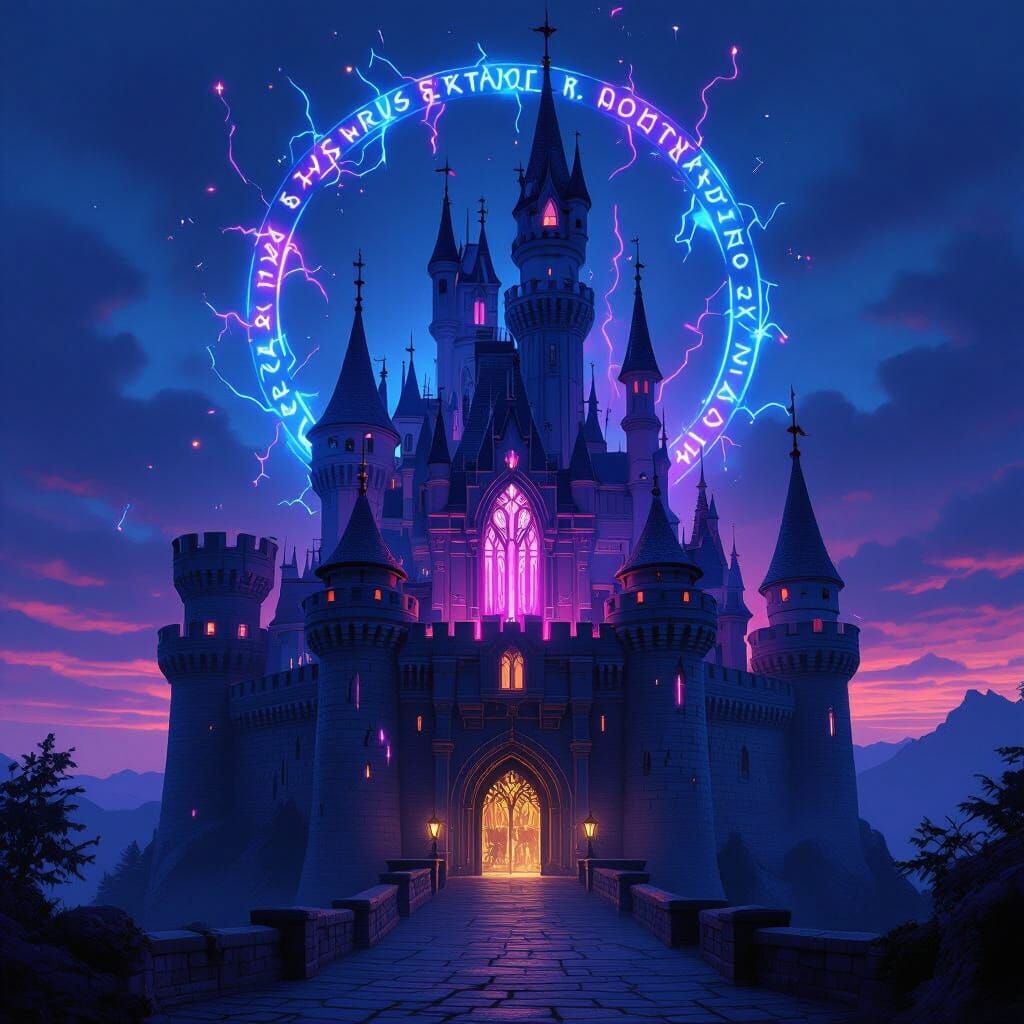 Ancient Castle Illuminated by Vibrant Neon Light
