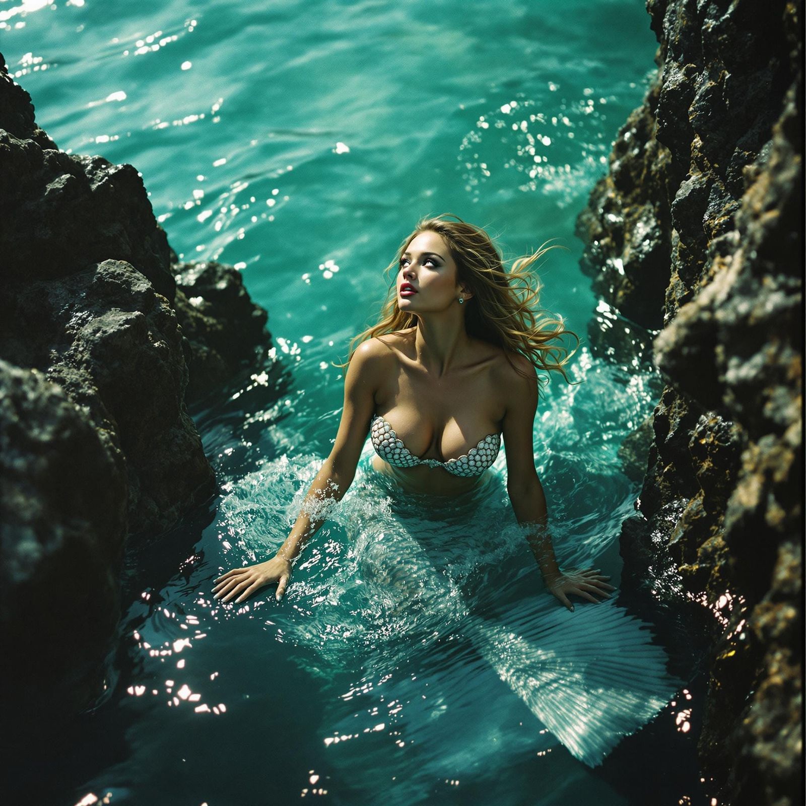 A gorgeous mermaid climbing out of the water, looking around with wide eyes in wonder and delight.
