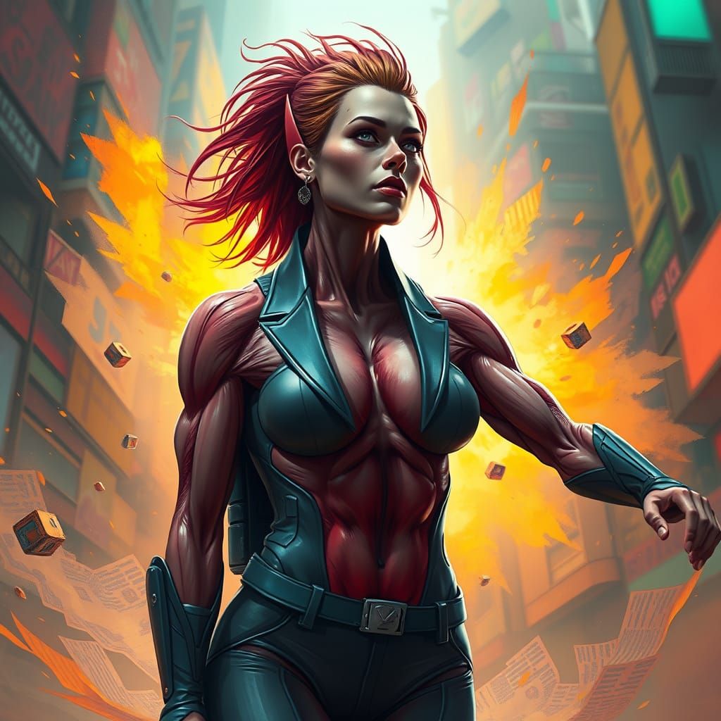 Muscular Woman in Dynamic Environment: Digital Art