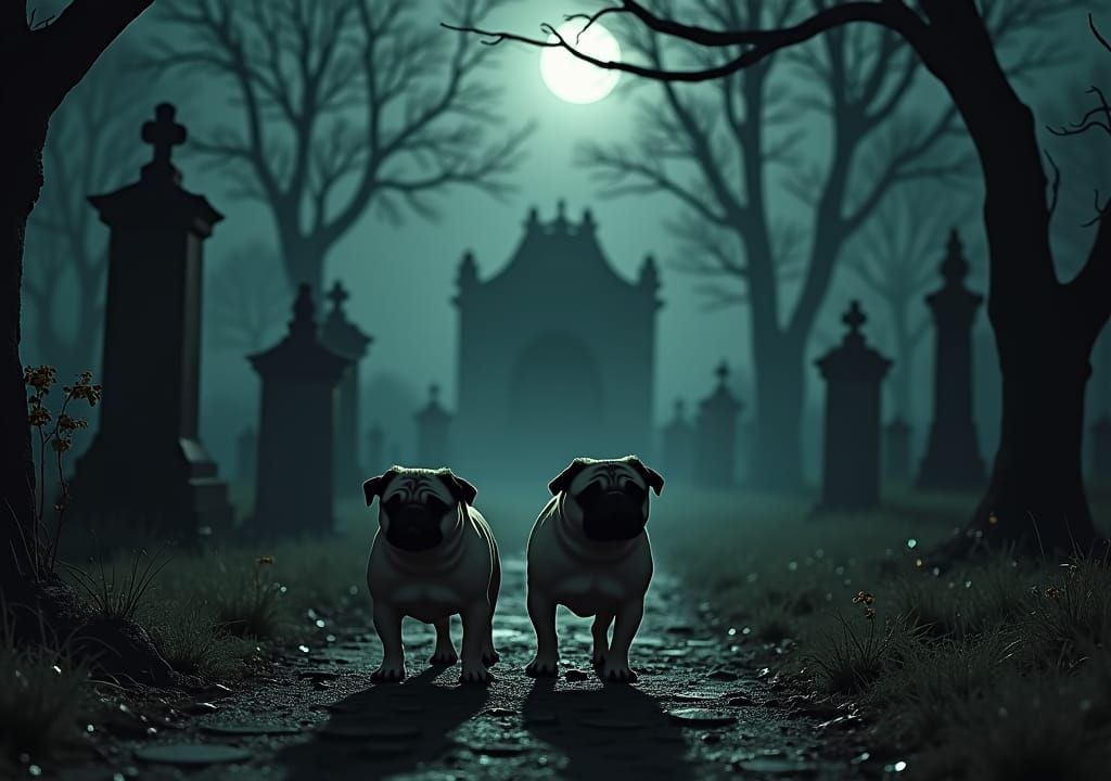 Scared Pugs in Graveyard Under Monster's Shadow