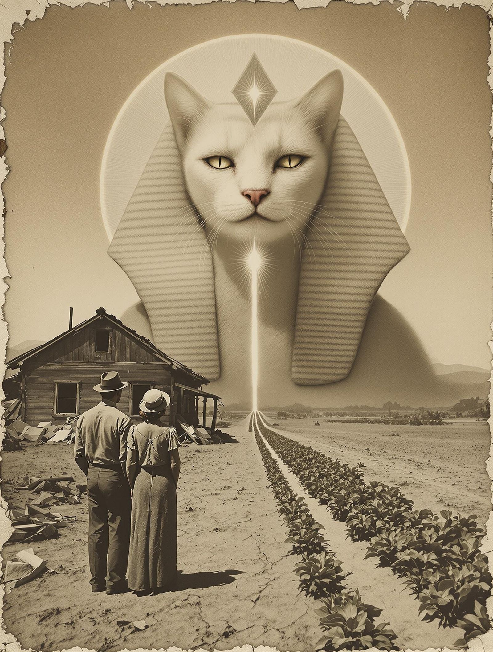 Dust Bowl Couple Blessed by Giant Cat: Albumen Print