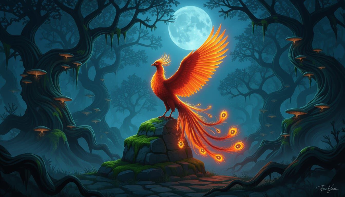 Solitary Phoenix in Ethereal Moonlight Forest