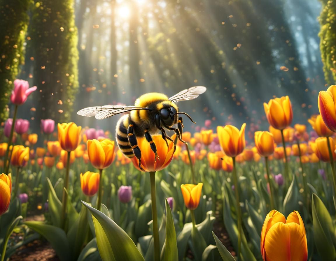 Bee in Tulip: Detailed Fantasy Painting