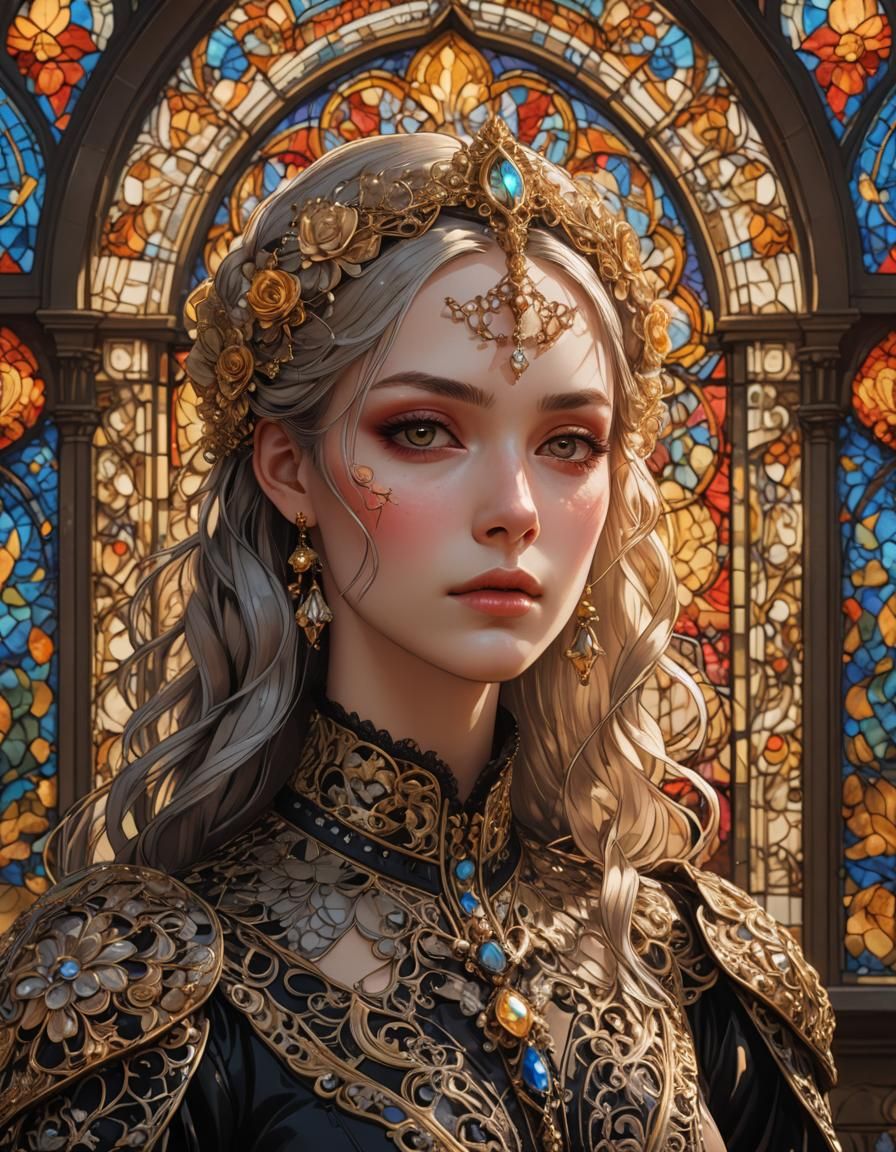 Gothic Anime Portrait with Stained Glass