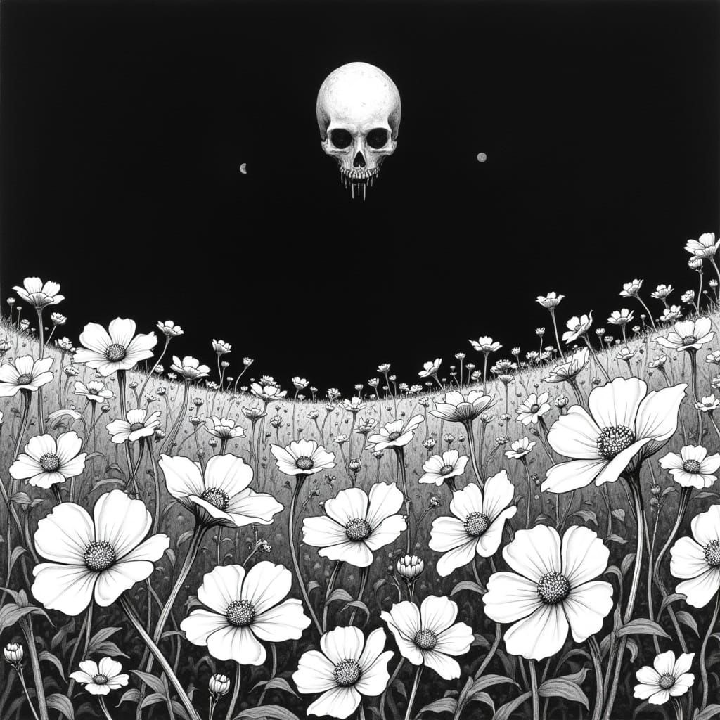 Death Hovering over a Flower Field