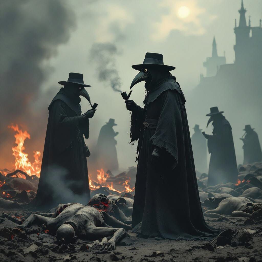 Plague Doctors Amidst Smoldering Remains in Gothic Style