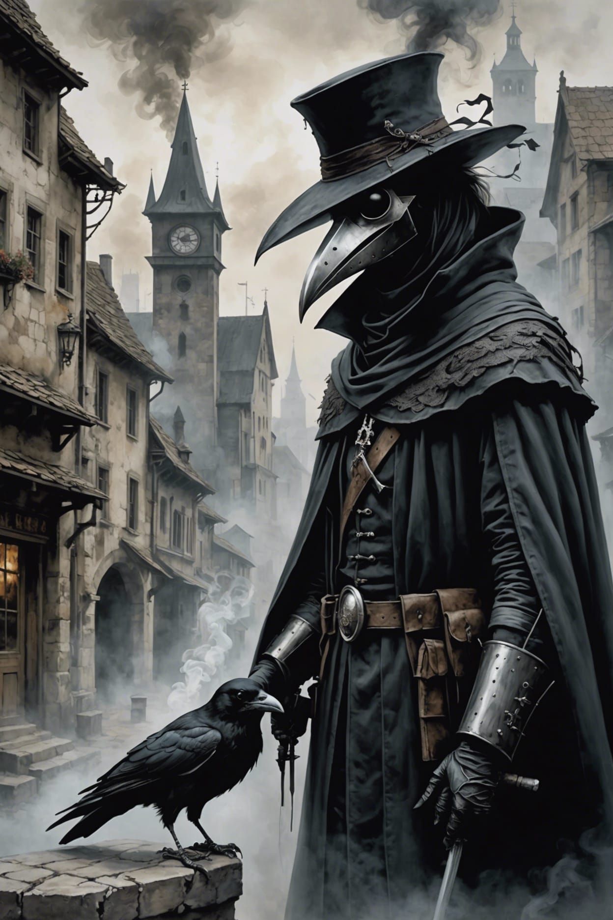 Plague Doctor Raven in Grayscale Art