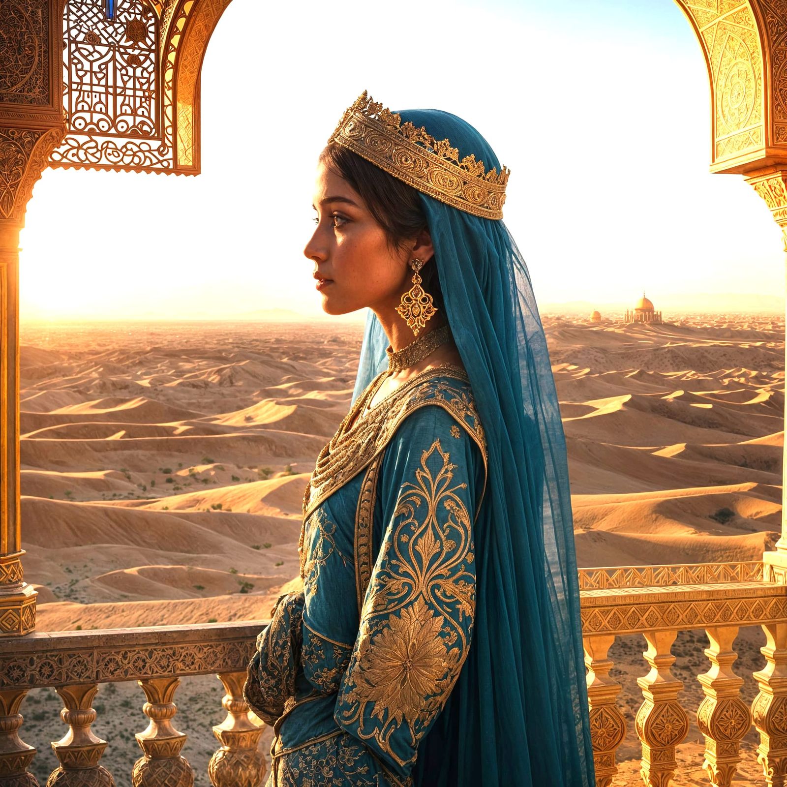 Arabian Princess Overlooking Desert, Detailed Matte Painting