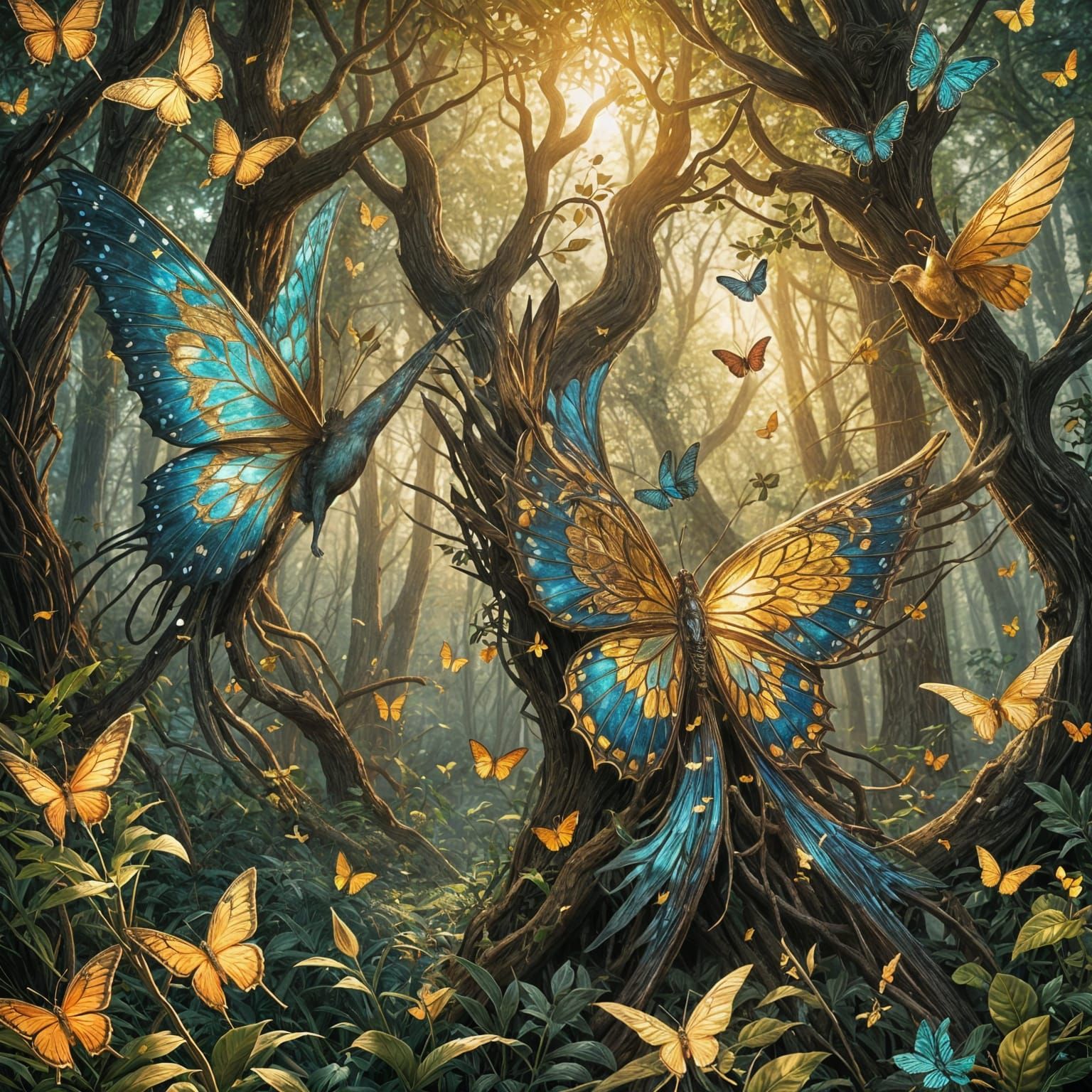 Enchanting Forest with Norse Runes in Art Nouveau Style