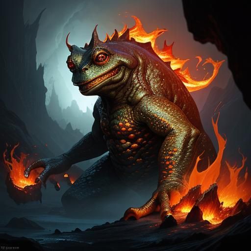 Demonic Molten Stone Frog with Glowing Amber Eyes
