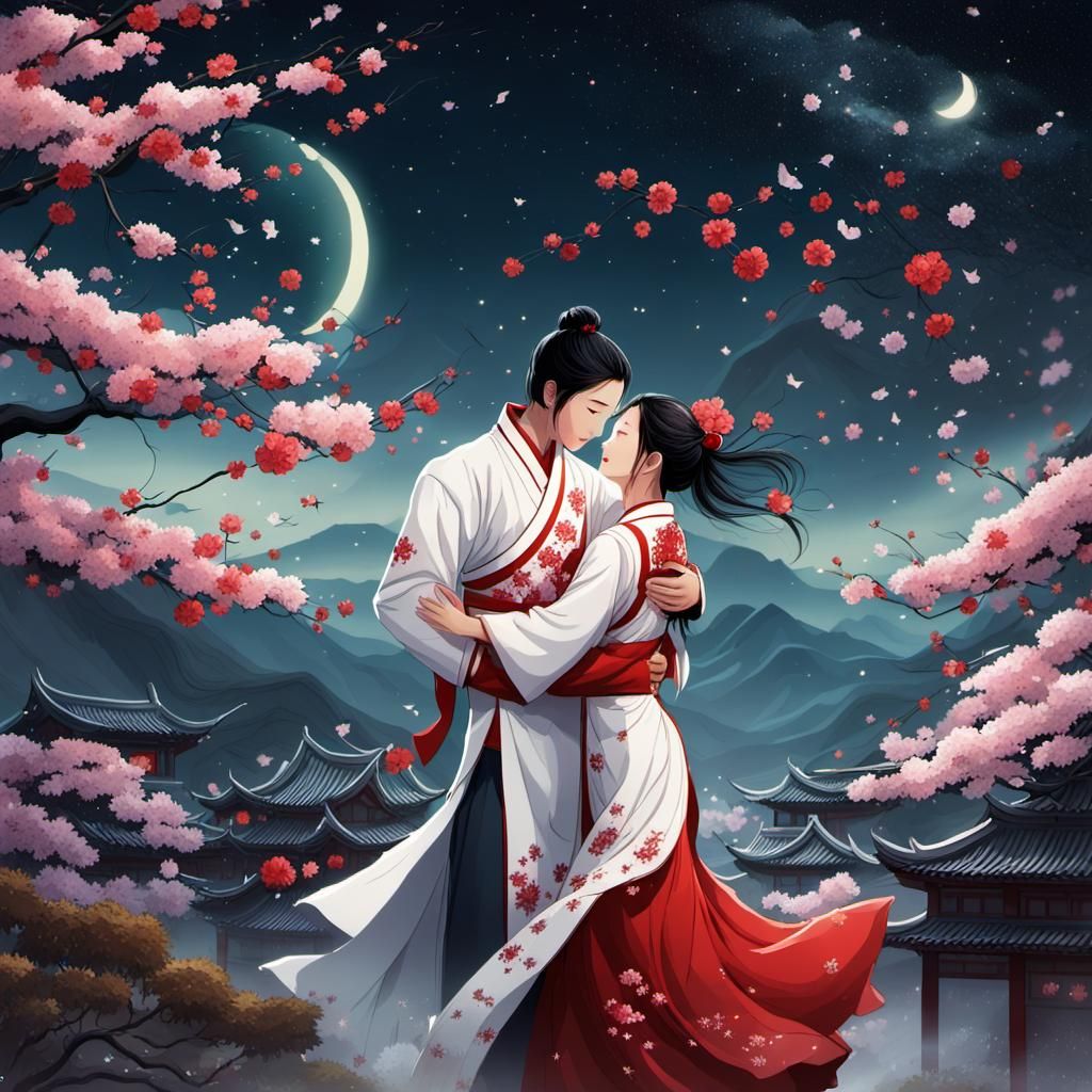 Romantic Embrace Under Cherry Blossoms in Chinese Art